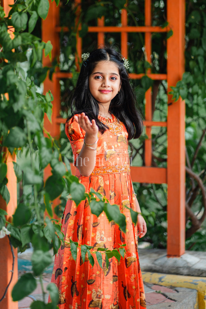 Girls Burnt Orange Kalamkari Anarkali Dress with Gilded Accents