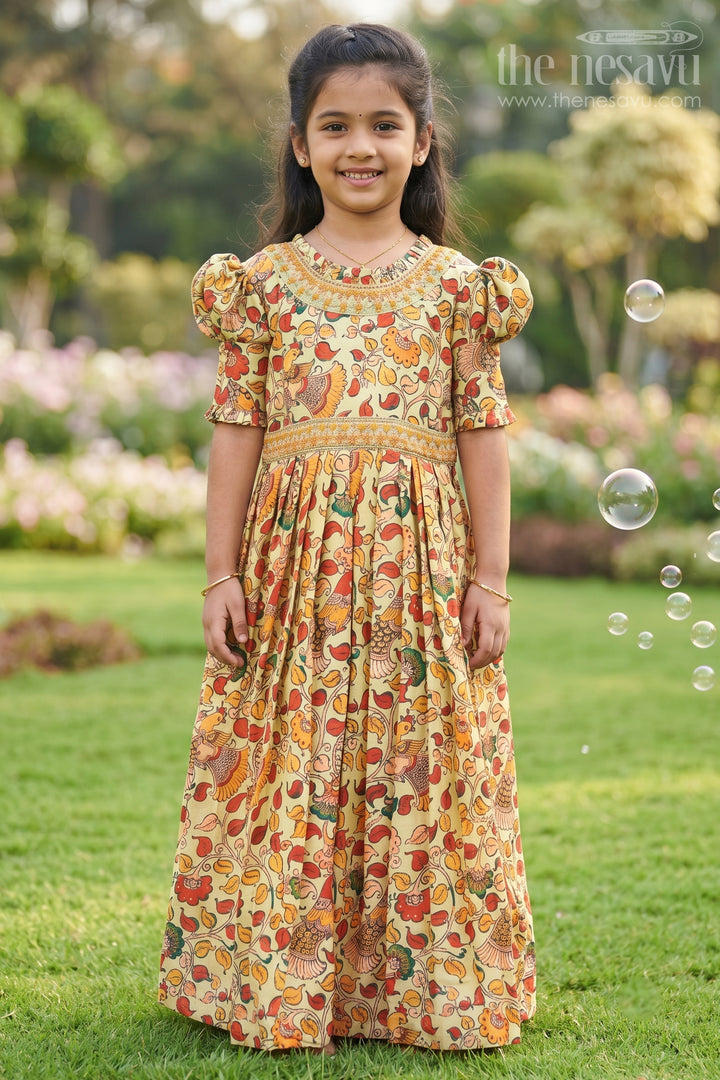 Festive Foliage Green Anarkali Gown for Girls with Traditional Print