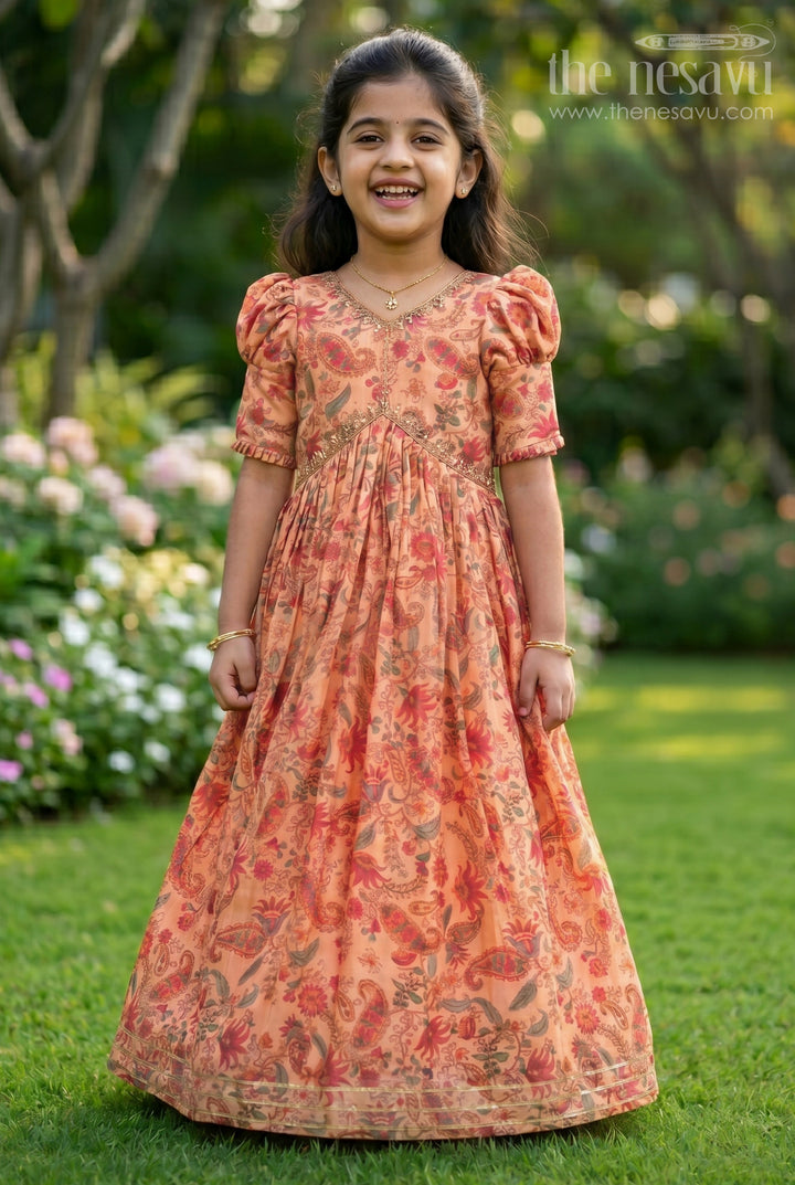 Elegant Pink Floral Muslin Silk Party Gown for Girls