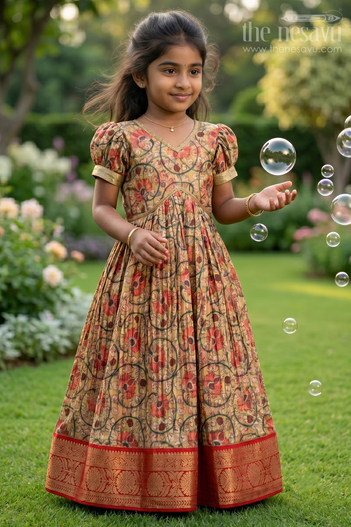 Traditional Yellow Kalamkari Chinon Party Gown for Girls
