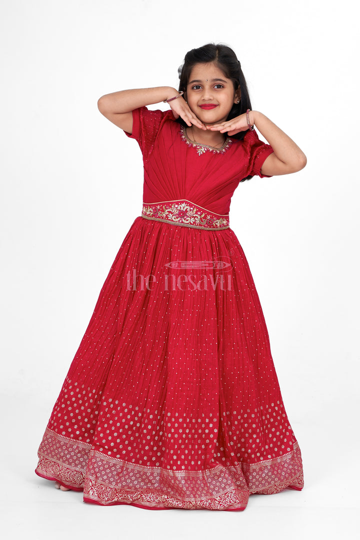 Elegant Girls Party Gown in Blended Fabric with Gold Embellishments and Puff Sleeves