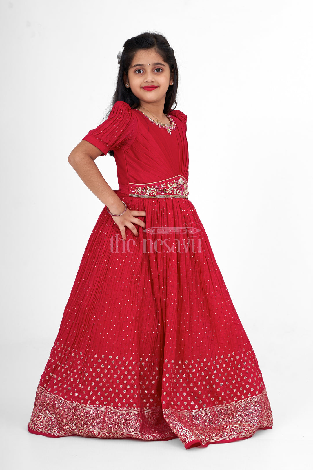 Elegant Girls Party Gown in Blended Fabric with Gold Embellishments and Puff Sleeves