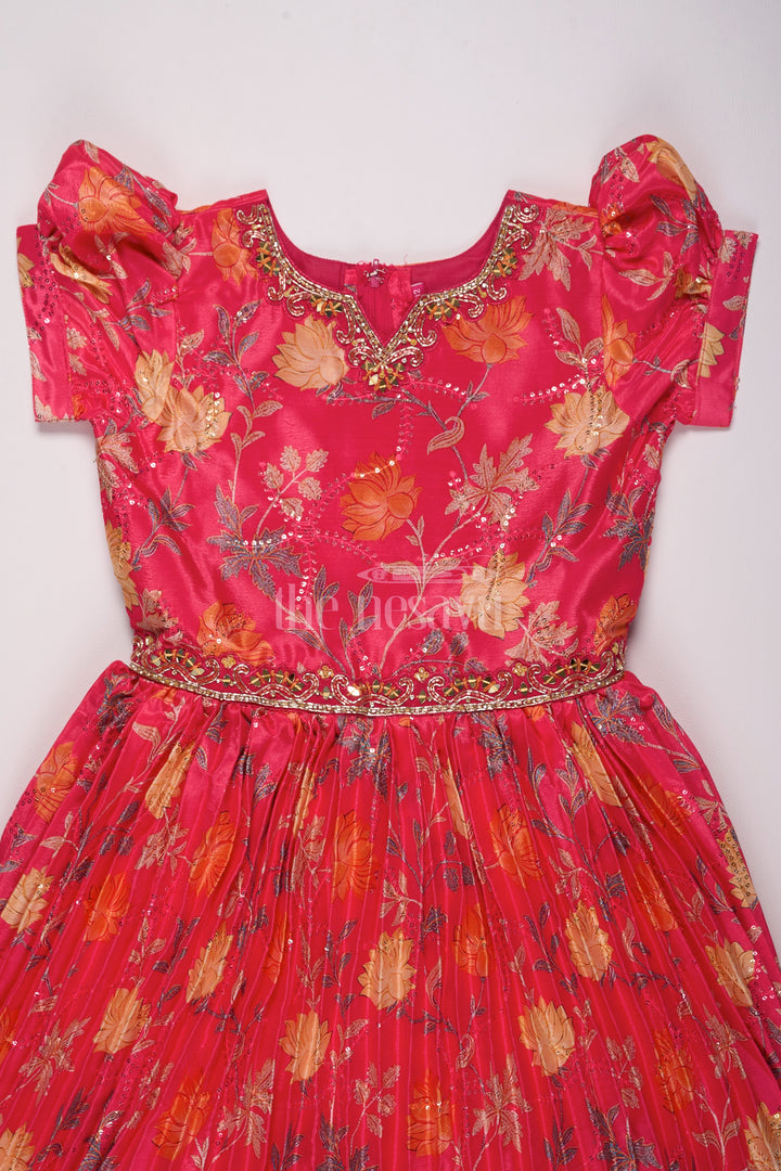 Vibrant Red and Orange Floral Girls Chinon Silk Gown with Puff Sleeves for Cocktail Parties