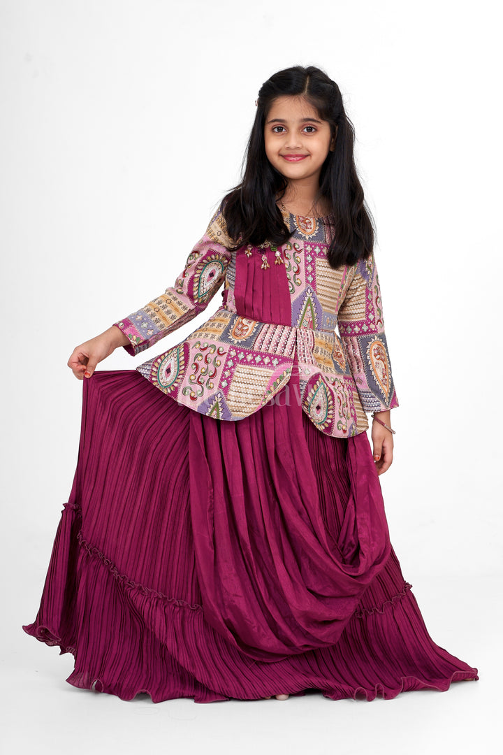 Burgundy Girls Party Gown with Patchwork Embellishment and 3/4 Sleeves, Formal & Gown Diwali Dress for Women