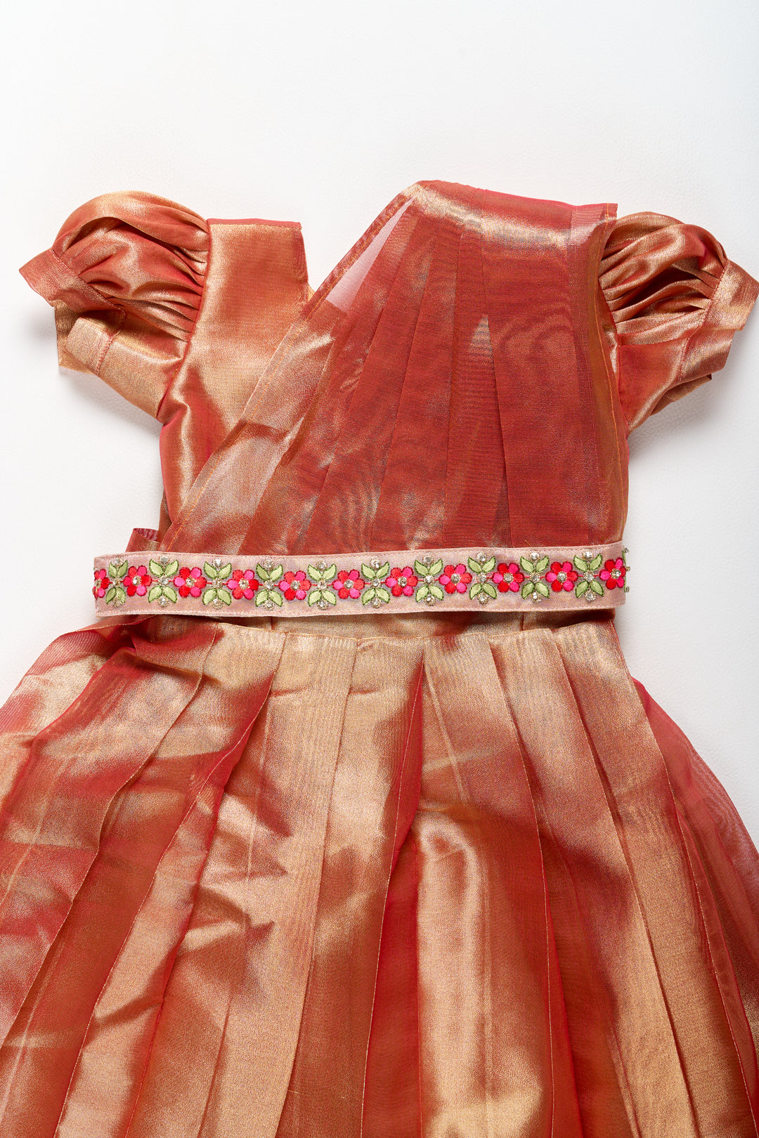 Simple Party Gown for Girls in Tissue Silk with Vibrant Border Embellishment