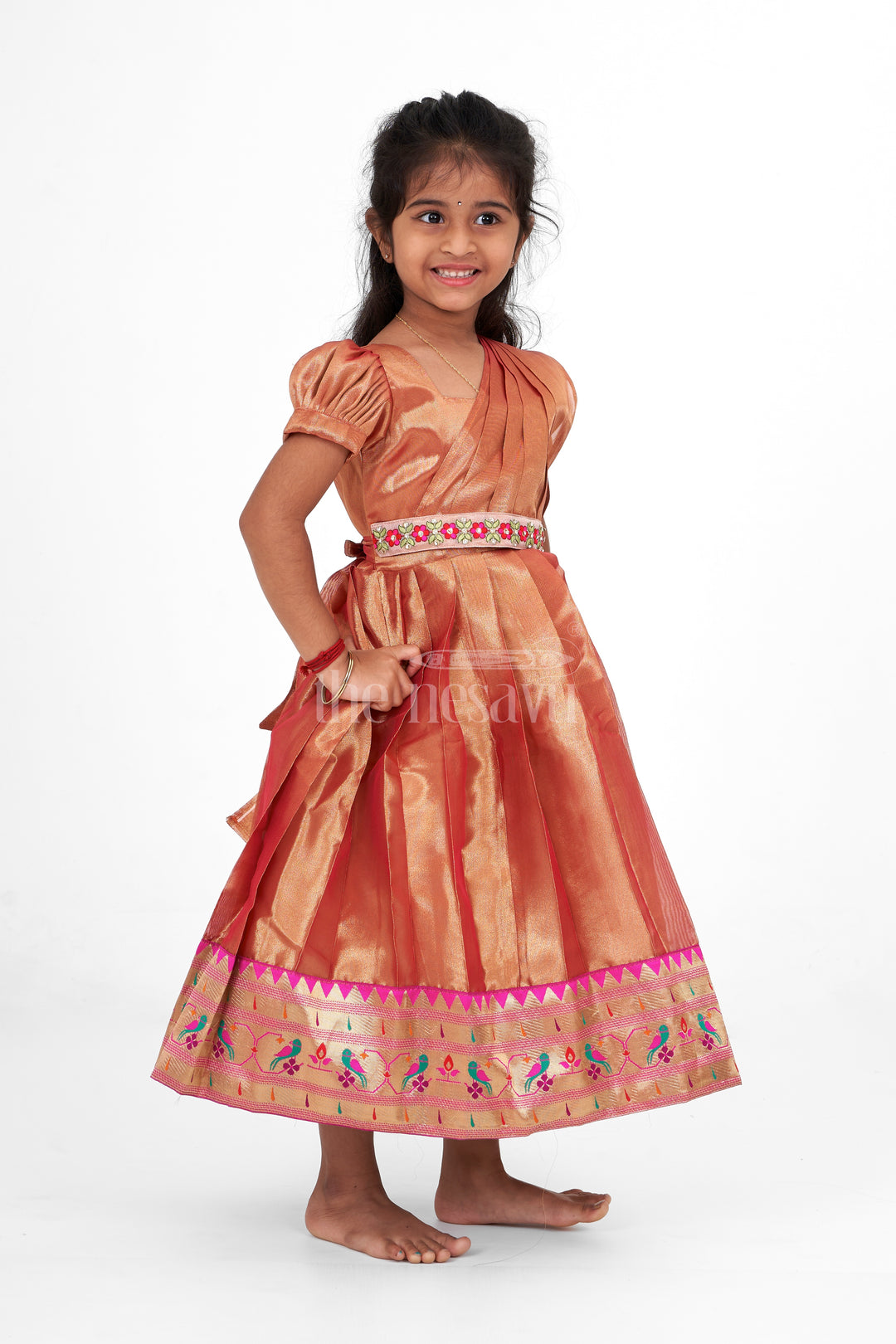 Silk Wedding Gown for Girls in Tissue Silk with Festive Motifs and Classic Fit