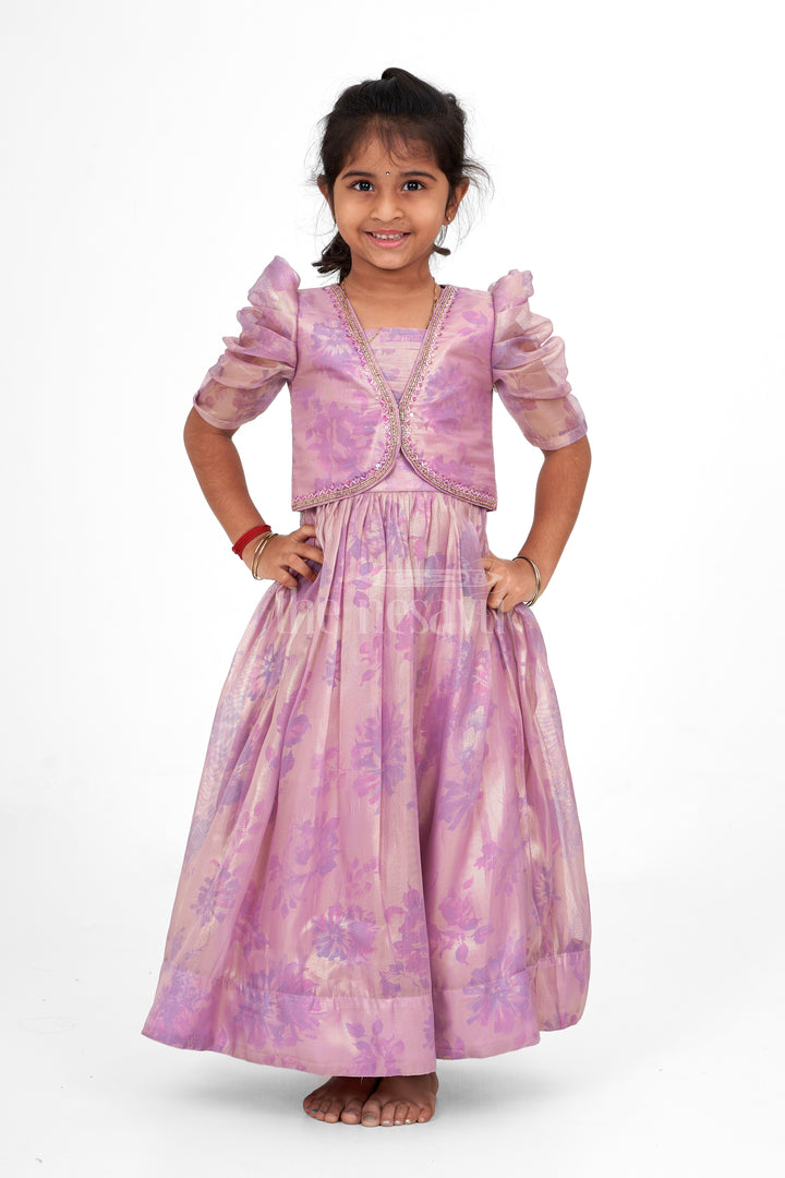 Girls Party Gown Shimmer Semi Silk Lavender Sankranthi Outfits for Office