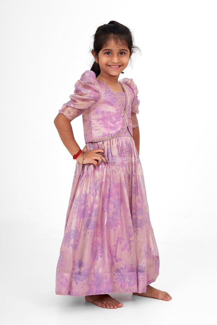 Girls Party Gown Shimmer Semi Silk Lavender Sankranthi Outfits for Office