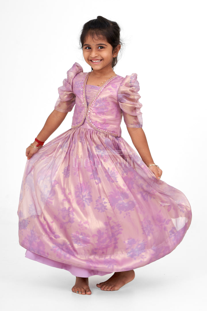 Girls Party Gown Shimmer Semi Silk Lavender Sankranthi Outfits for Office