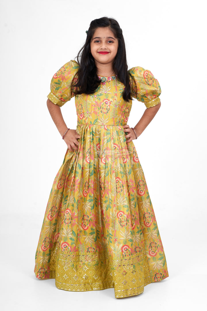 Girls Party Gown Shimmer Semi Silk Green Sankranthi Dress