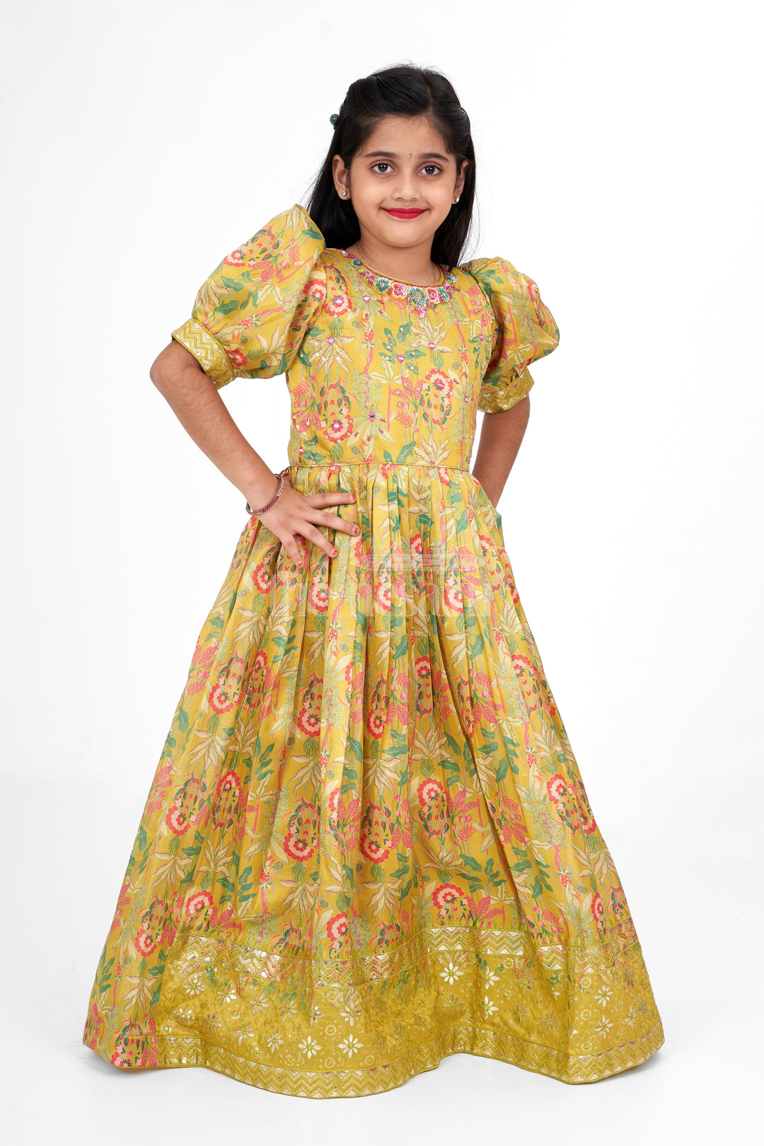 Girls Party Gown Shimmer Semi Silk Green Sankranthi Dress