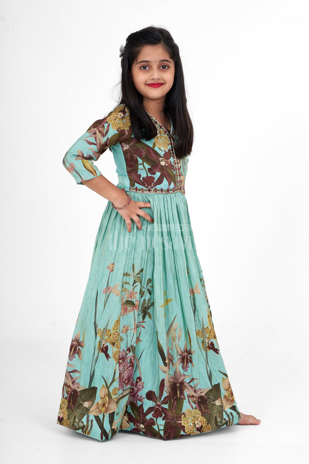 Girls Blue Chinon Tissue Party Gown with Digital Printed Design Diwali Traditional Dress