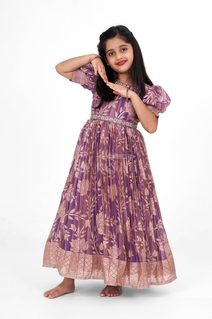 Girls Party Gown in Brazo Fabric with Floral Print and Puff Sleeves for Special Occasions