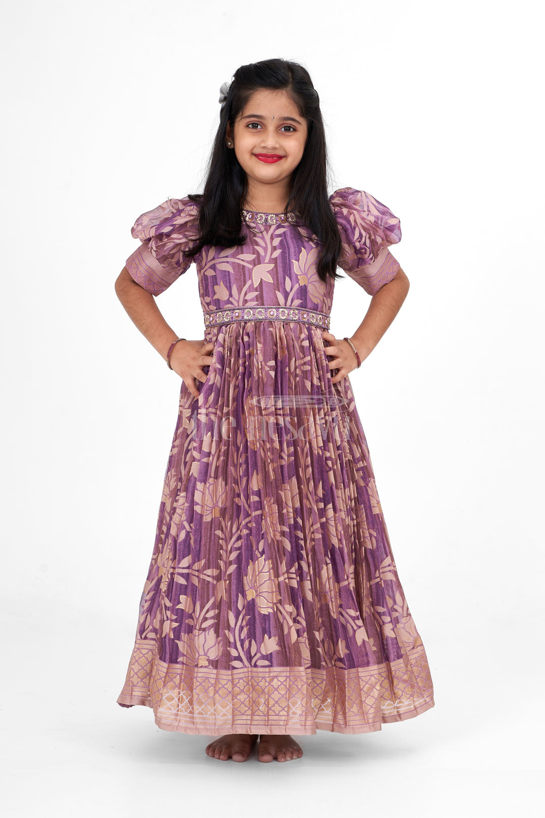 Girls Party Gown in Brazo Fabric with Floral Print and Puff Sleeves for Special Occasions