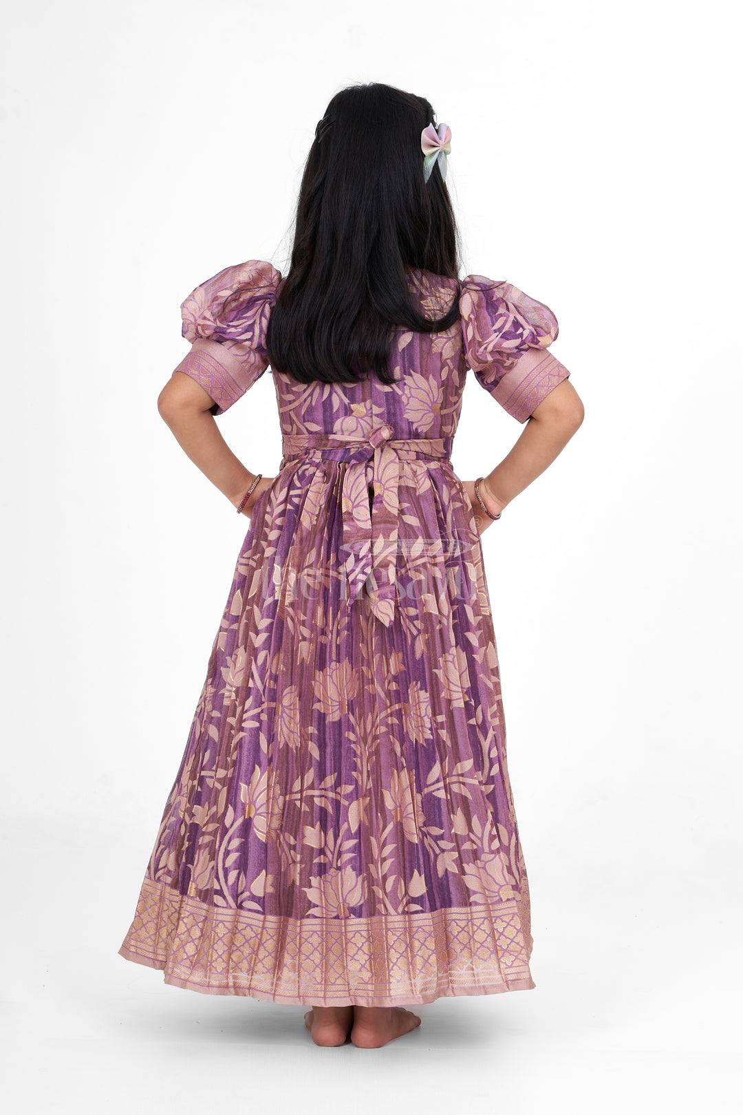 Girls Party Gown in Brazo Fabric with Floral Print and Puff Sleeves for Special Occasions