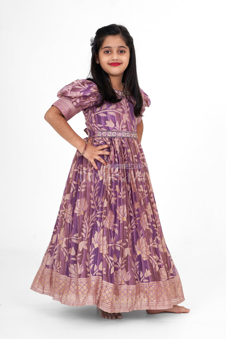 Girls Party Gown in Brazo Fabric with Floral Print and Puff Sleeves for Special Occasions