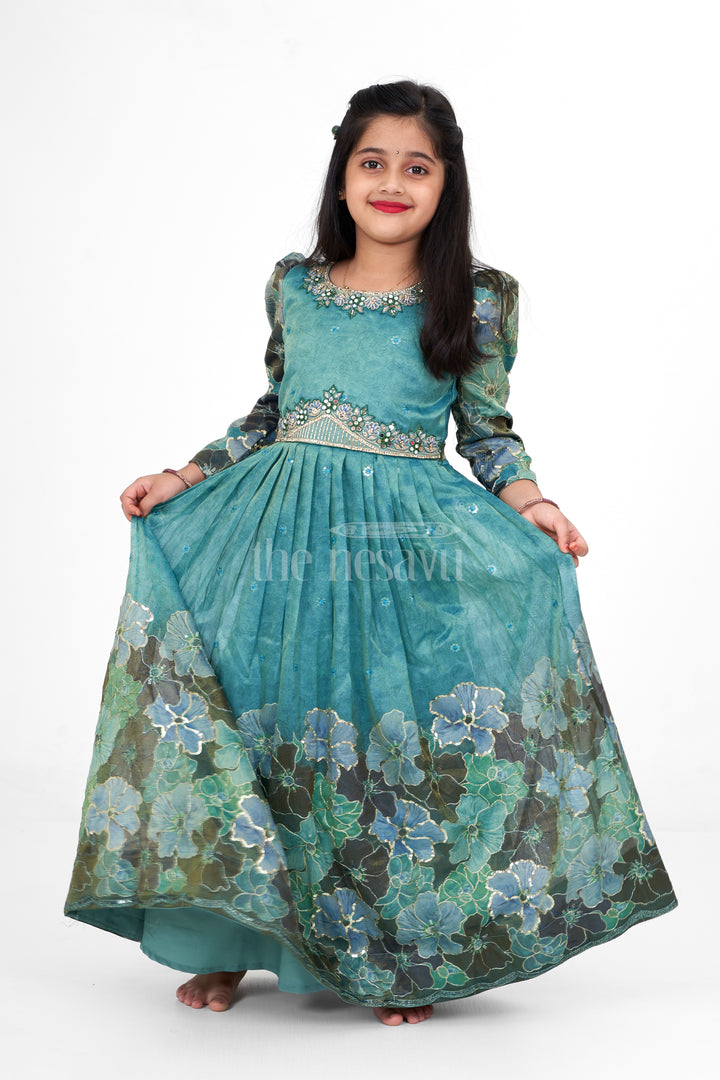 Shimmer Tissue Printed Western Girls Party Gown with Embroidery for Birthdays and Festive Gatherings