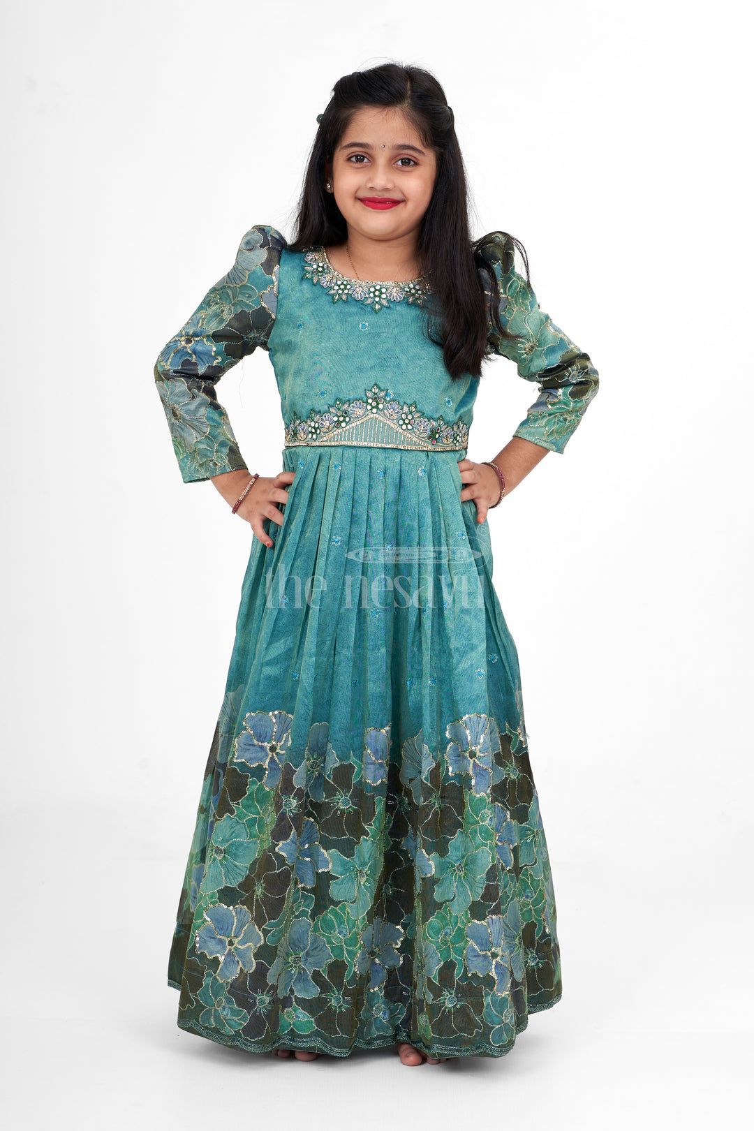 Shimmer Tissue Printed Western Girls Party Gown with Embroidery for Birthdays and Festive Gatherings