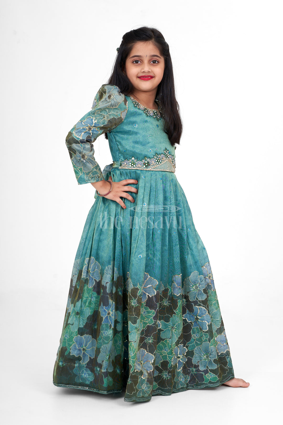 Shimmer Tissue Printed Western Girls Party Gown with Embroidery for Birthdays and Festive Gatherings