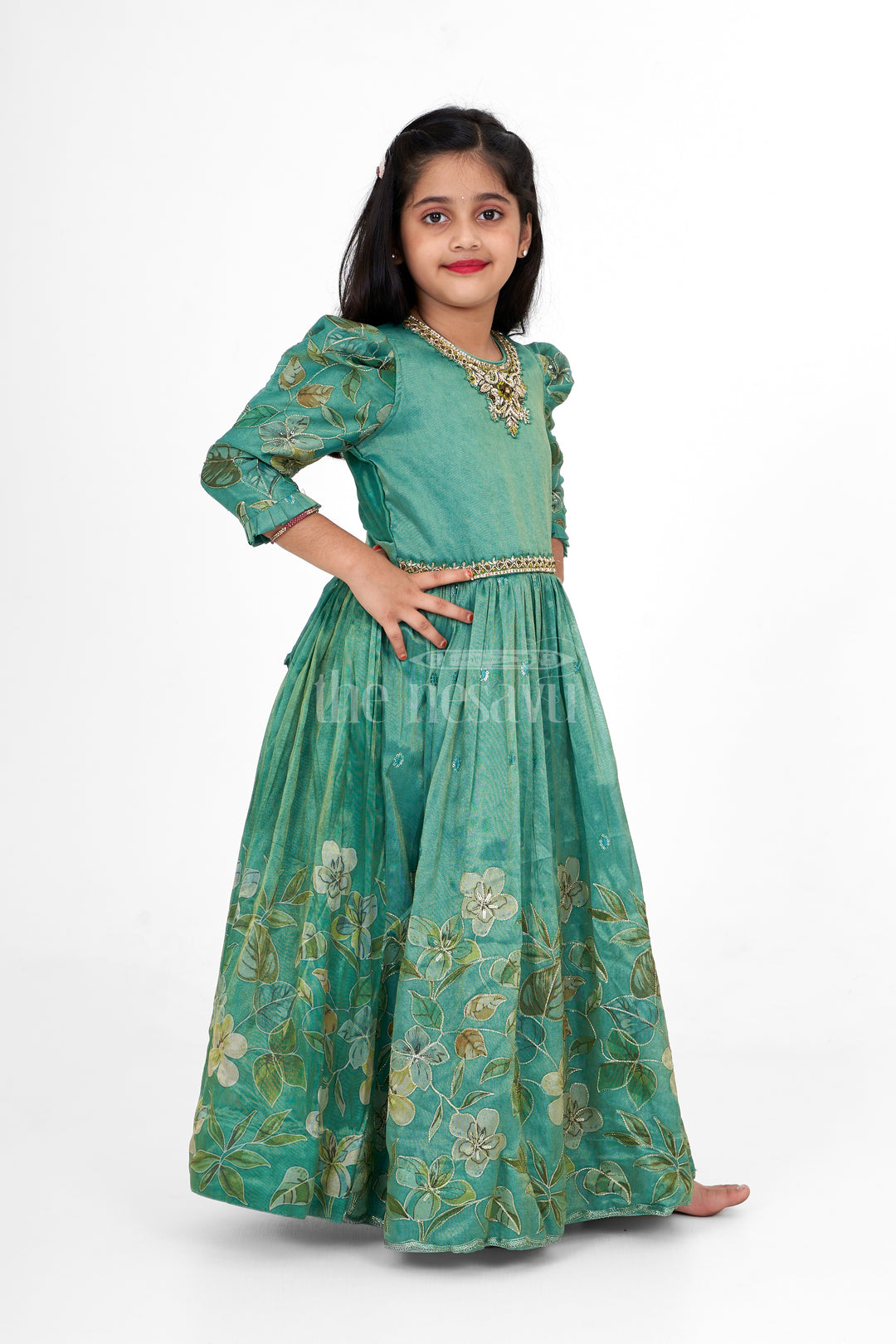 Shimmer Tissue Printed Girls Party Gown with Floral Motif for Evening Events and Celebrations