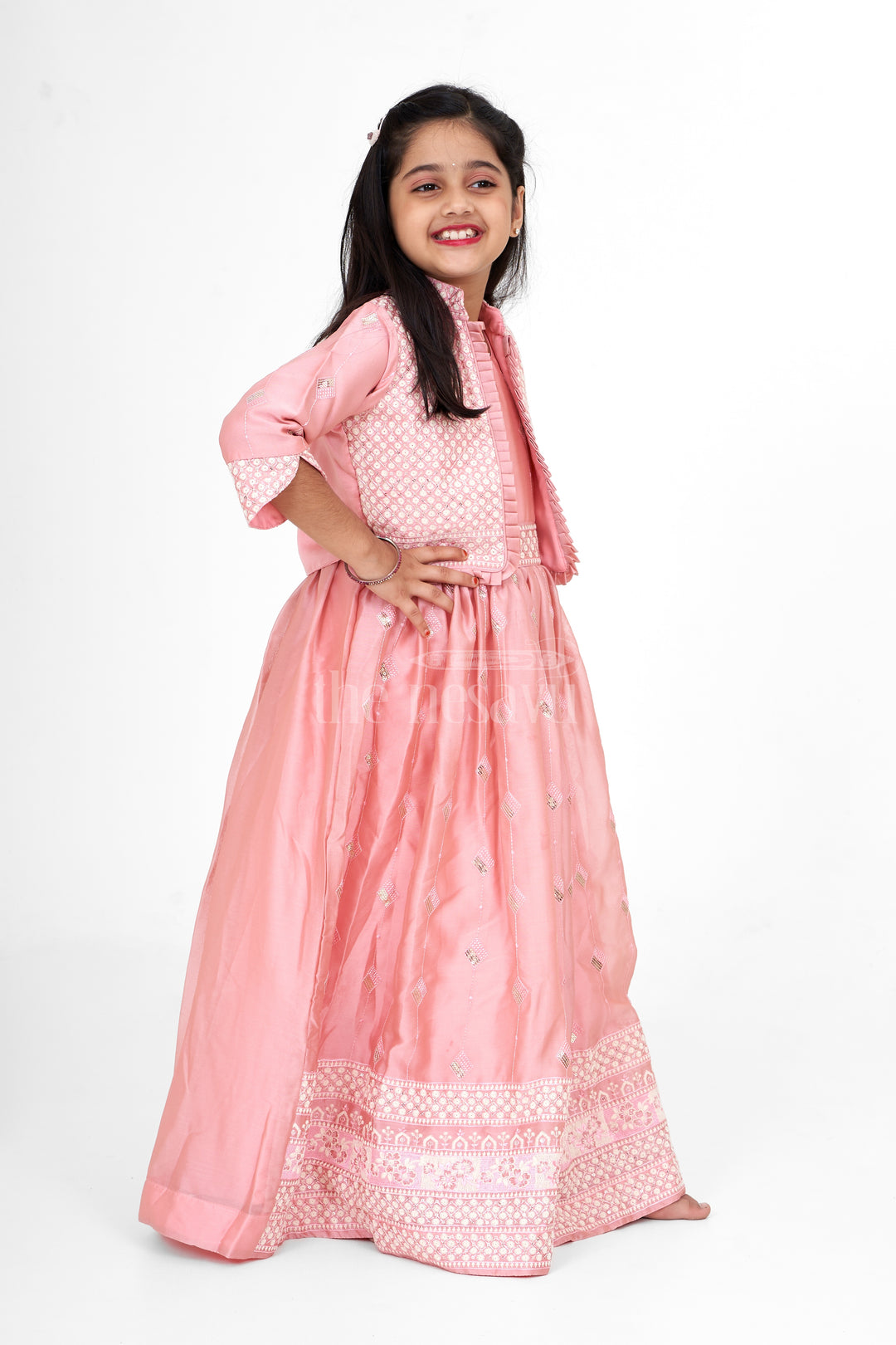 Western Party Gown for Girls in Elegant Peach Organza with Embroidered Jacket