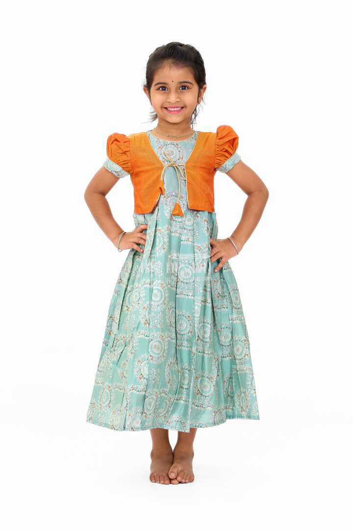 Girls Blue Wedding Anarkali Dress with Traditional Prints and Contrast Orange Short Jacket