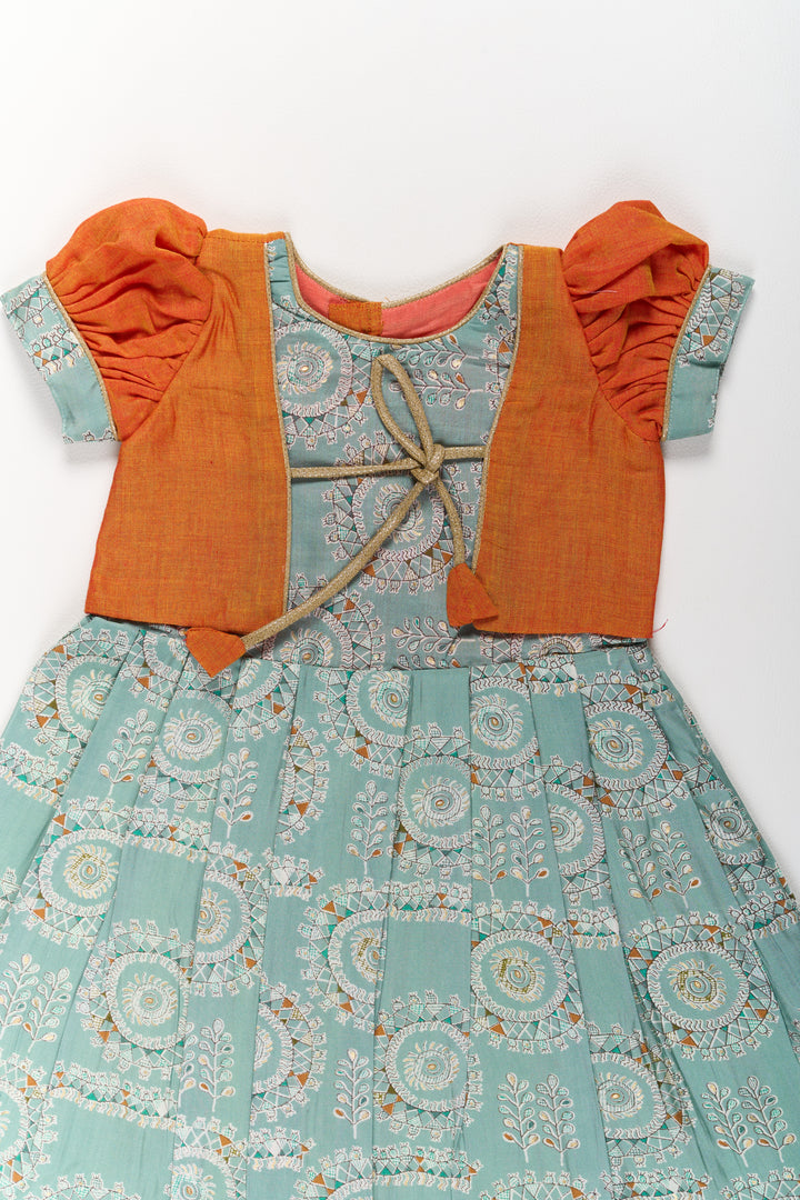 Girls Blue Wedding Anarkali Dress with Traditional Prints and Contrast Orange Short Jacket