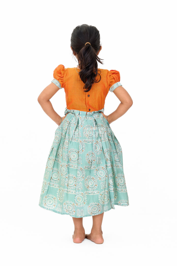 Girls Blue Wedding Anarkali Dress with Traditional Prints and Contrast Orange Short Jacket