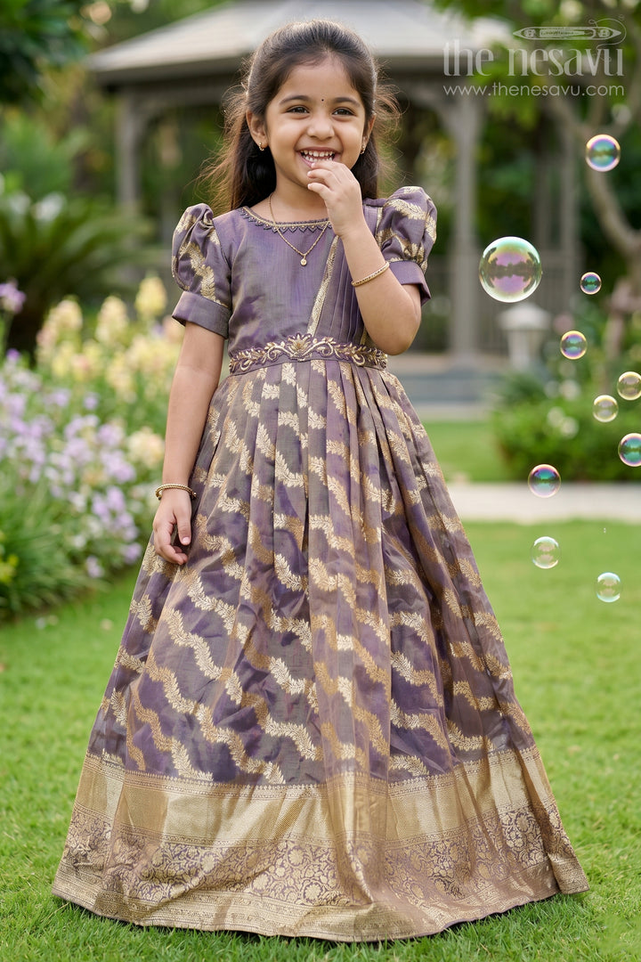 Girls Frock Gown Design in Organza Banarasi Silk with Gold Zari Border and Puff Sleeves
