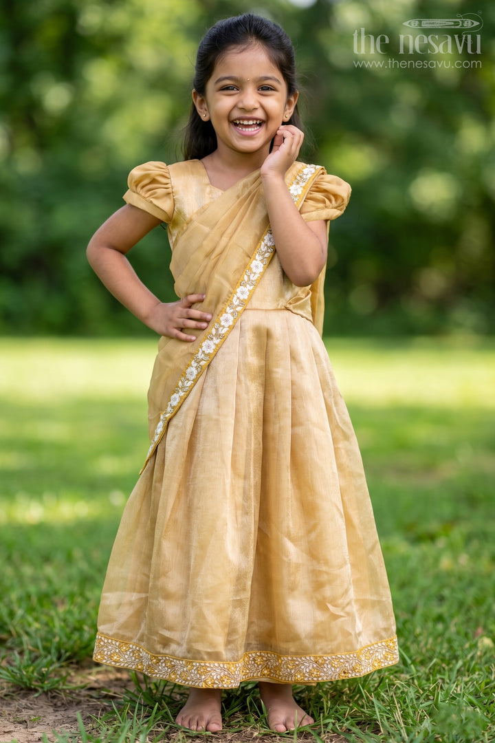 Girls Designer Gown for Party in Golden Organza with Thread Embroidery Lace and Delicate Dupatta