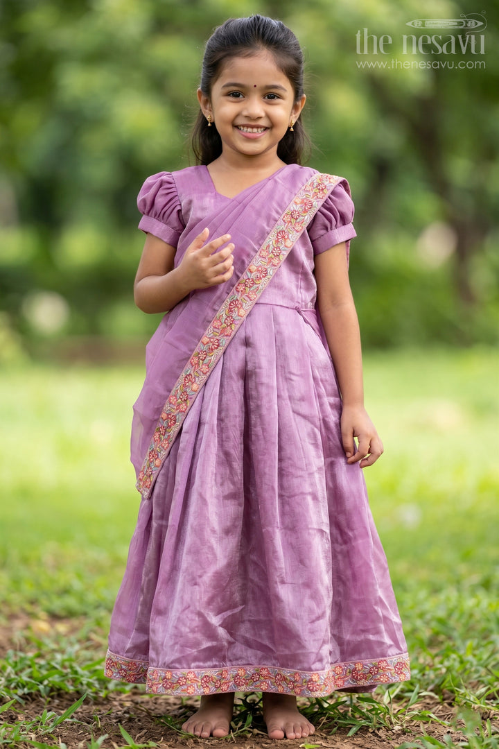 Girls Engagement Gowns in Lavender Organza with Embroidered Lace and Floral Hem Dupatta