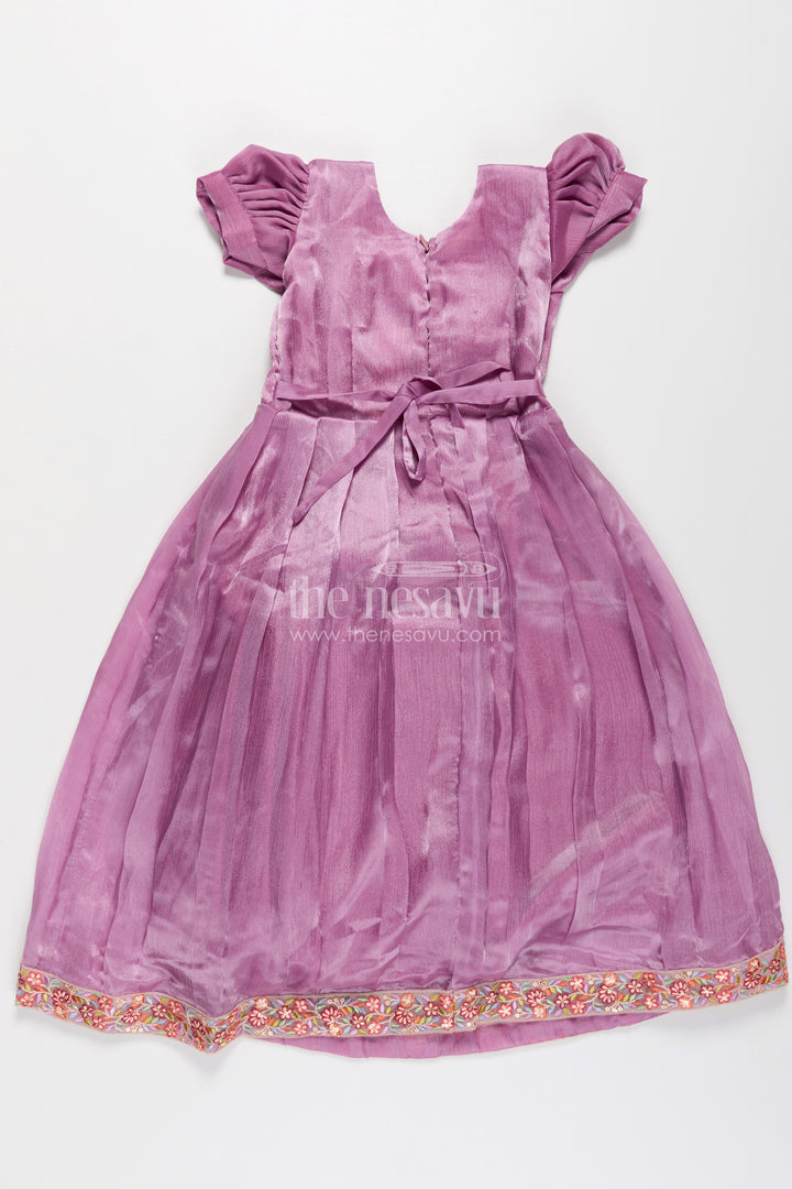 Girls Engagement Gowns in Lavender Organza with Embroidered Lace and Floral Hem Dupatta