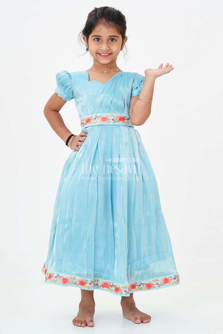 Girls Blue Organza Gown with Vibrant Floral Lace Work and Flowy Silhouette for Graceful Movement