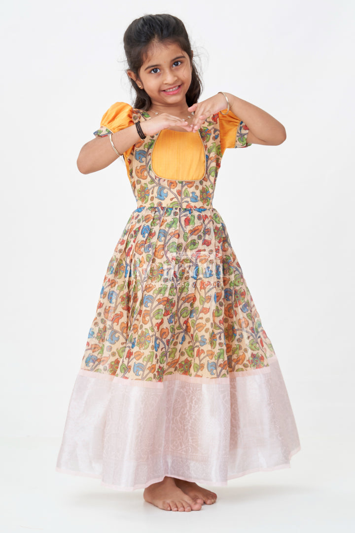 Girls Chanderi Cotton Yellow Long Gown with Raw Silk Yoke and Elegant Pink Border Pleated Skirt