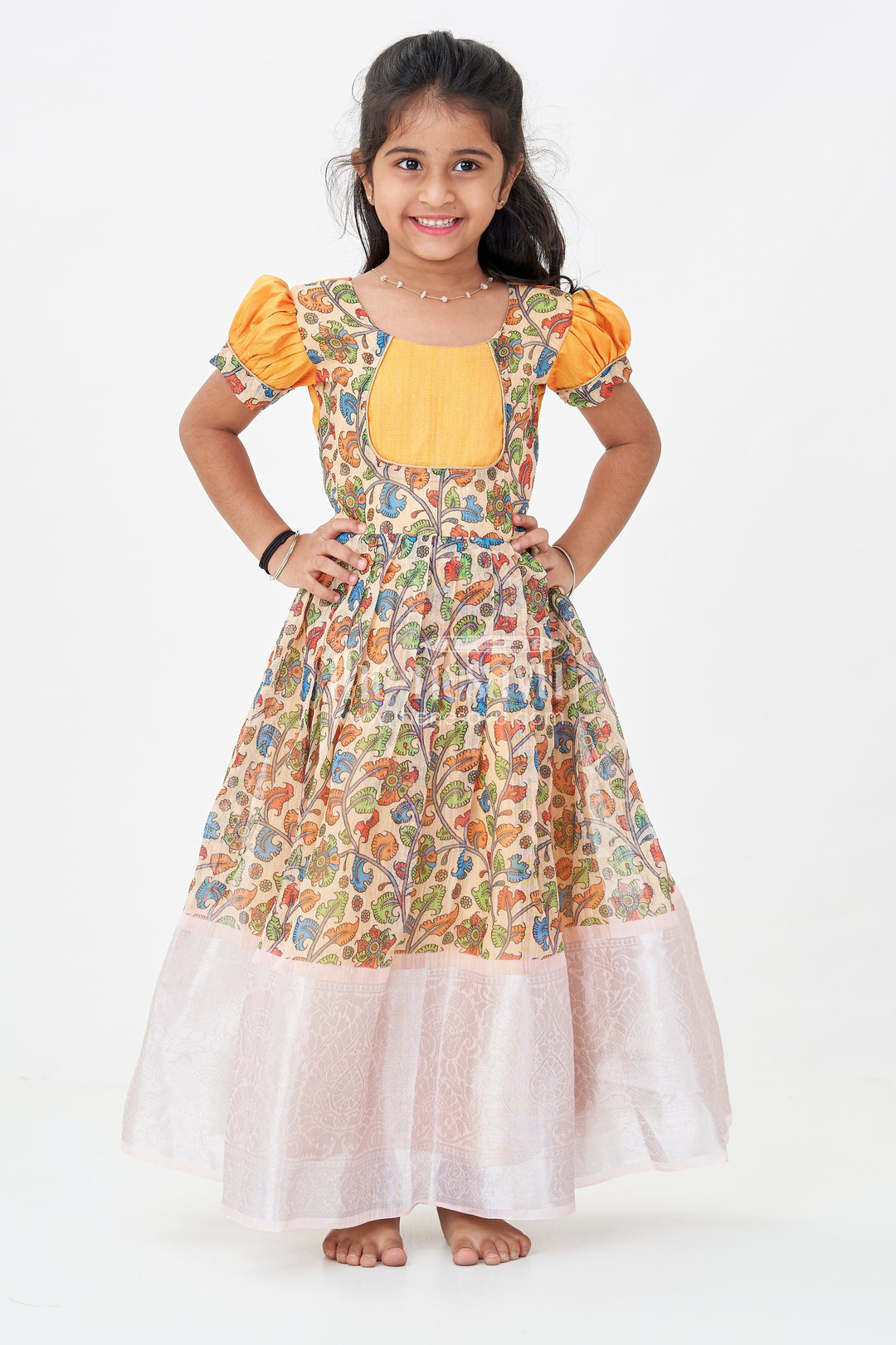 Girls Chanderi Cotton Yellow Long Gown with Raw Silk Yoke and Elegant Pink Border Pleated Skirt