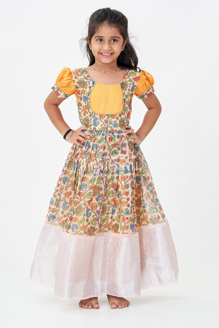 Girls Chanderi Cotton Yellow Long Gown with Raw Silk Yoke and Elegant Pink Border Pleated Skirt