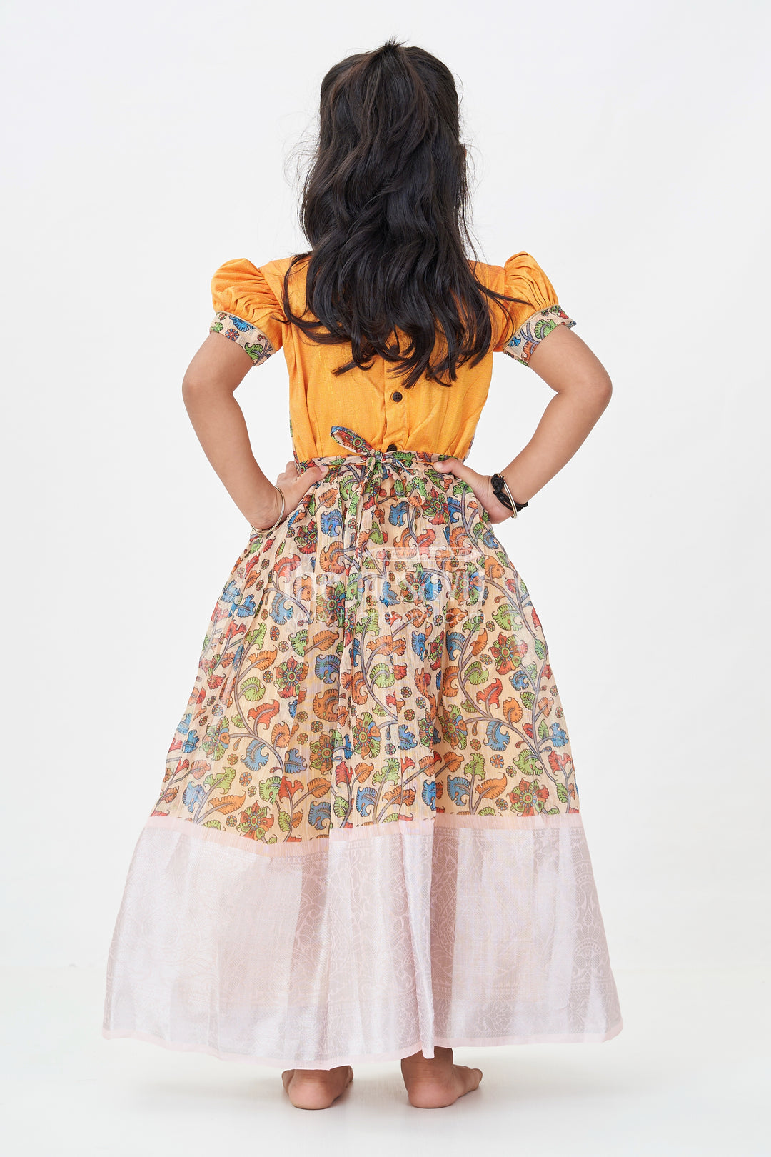 Girls Chanderi Cotton Yellow Long Gown with Raw Silk Yoke and Elegant Pink Border Pleated Skirt