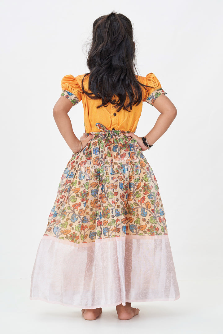 Girls Chanderi Cotton Yellow Long Gown with Raw Silk Yoke and Elegant Pink Border Pleated Skirt