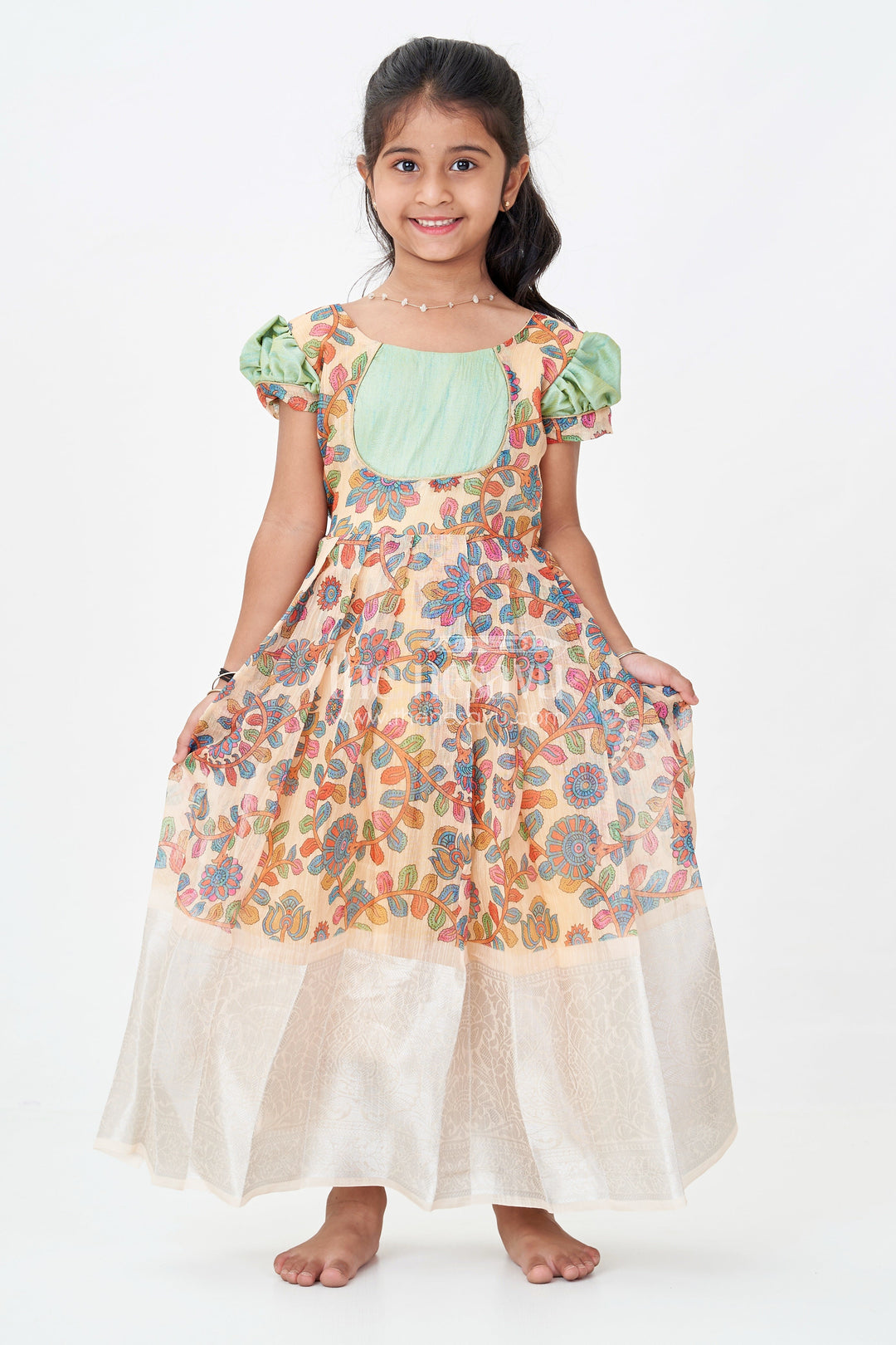 Yellow Gown Dress for Girls with Embroidered Floral Motifs and Raw Silk Yoke in Chanderi Cotton Blend