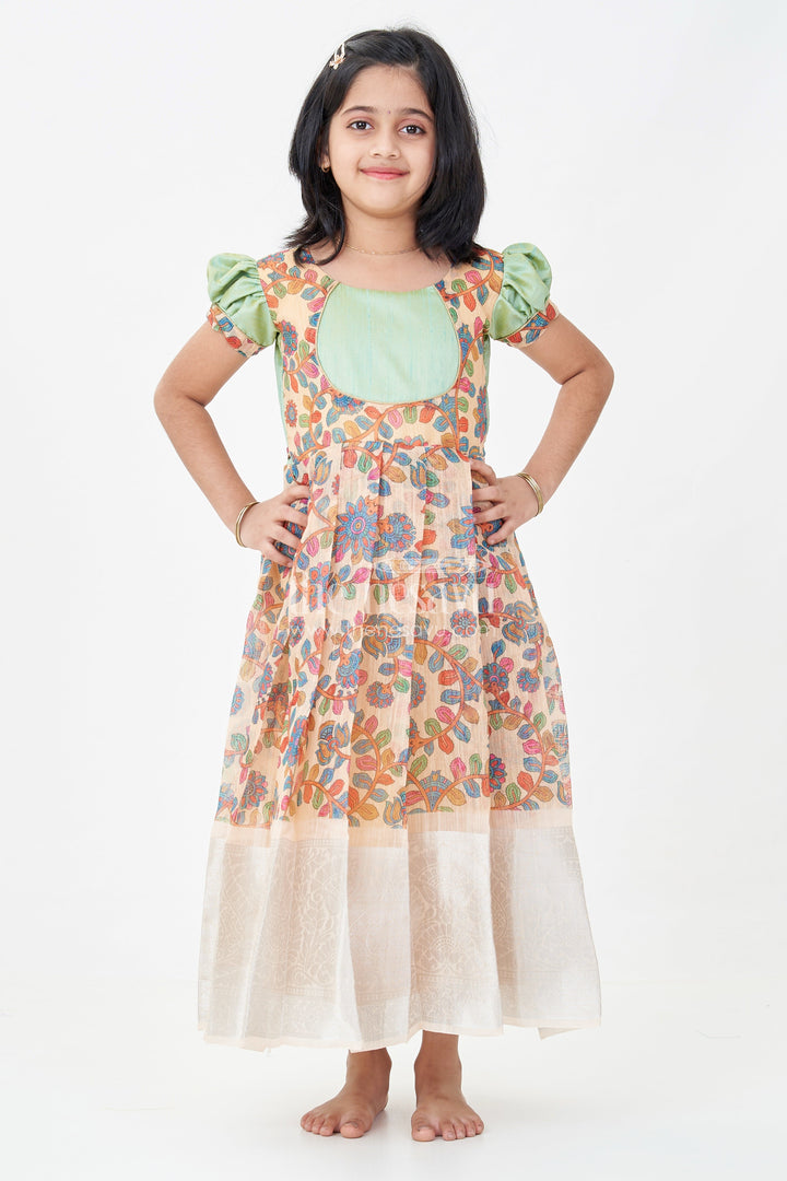 Yellow Gown Dress for Girls with Embroidered Floral Motifs and Raw Silk Yoke in Chanderi Cotton Blend