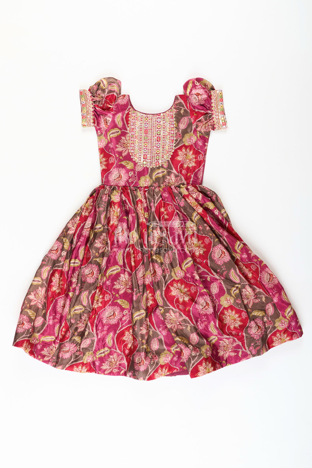 Girls Bride in Wedding Dress Style Chinon Silk Gown with Intricate Mirror Work and Rich Floral Pattern