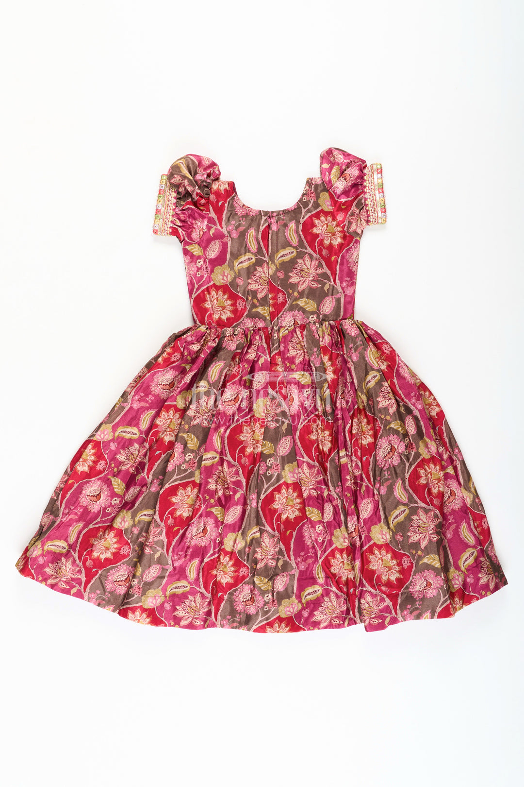 Girls Bride in Wedding Dress Style Chinon Silk Gown with Intricate Mirror Work and Rich Floral Pattern