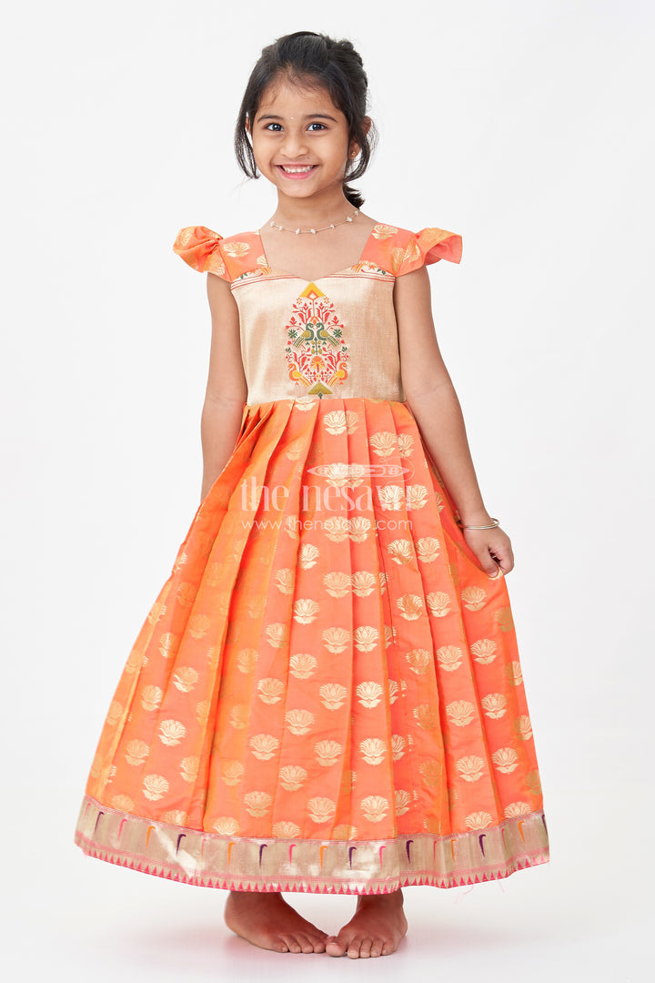 Girls Ethnic Anarkali Gown in Pink Semi Banaras Silk with Paithani Yoke and Festive Flare