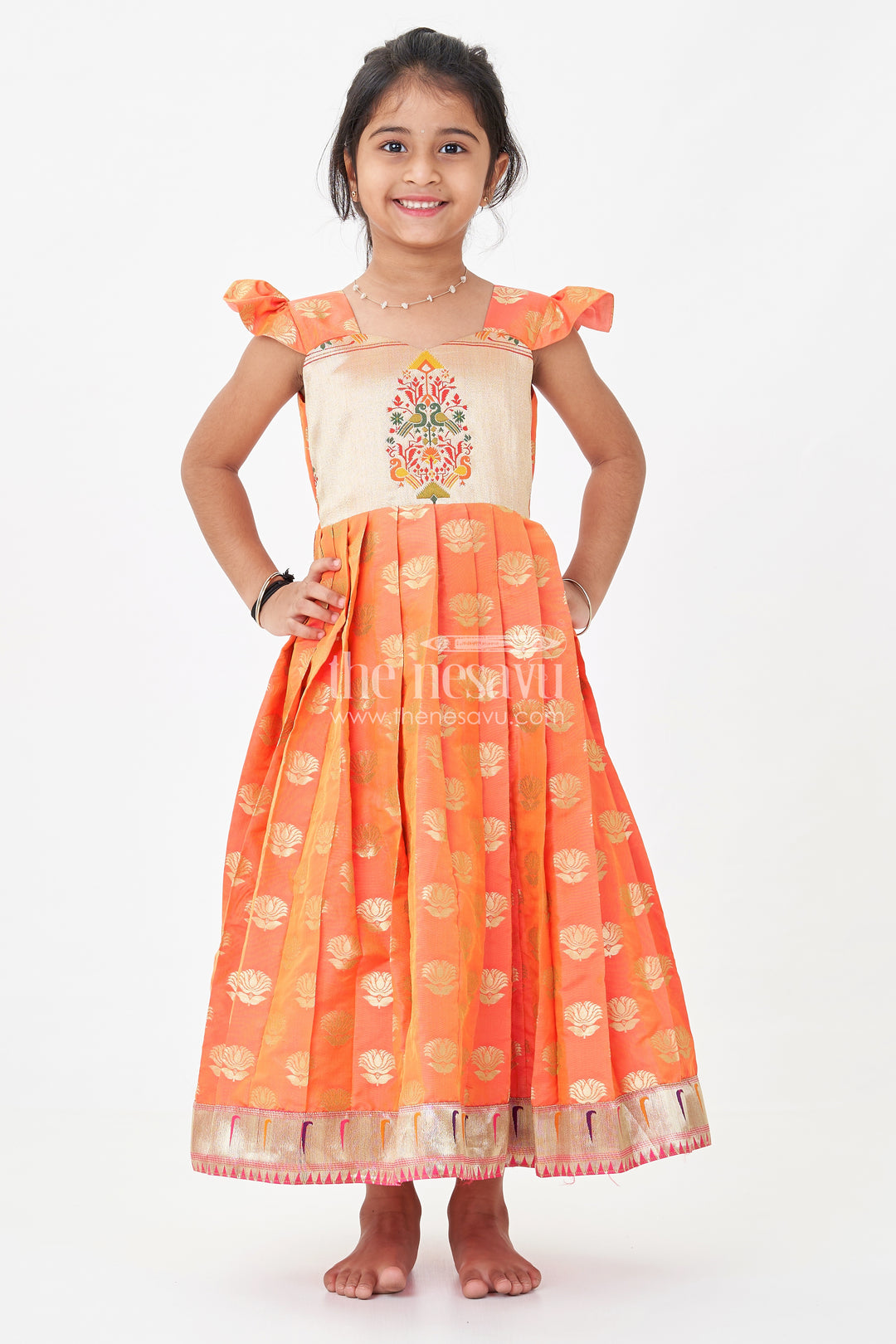 Girls Ethnic Anarkali Gown in Pink Semi Banaras Silk with Paithani Yoke and Festive Flare