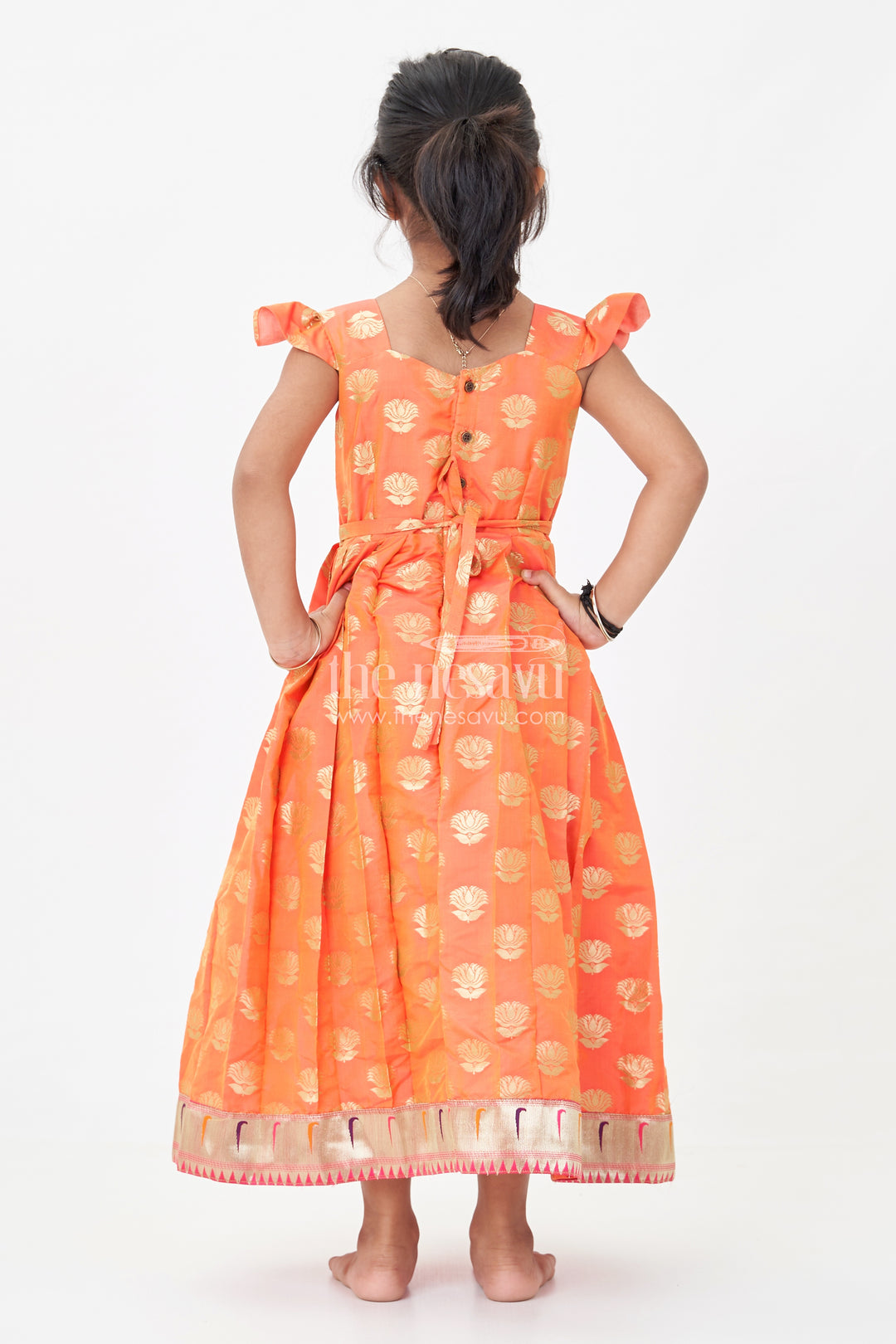 Girls Ethnic Anarkali Gown in Pink Semi Banaras Silk with Paithani Yoke and Festive Flare