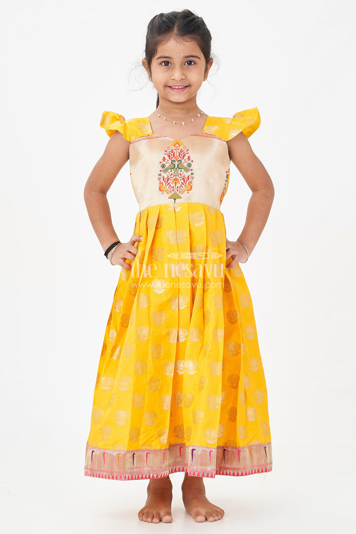 Girls Banarasi Anarkali Gown in Yellow Semi Banaras Silk with Paithani Yoke and Gold Motifs
