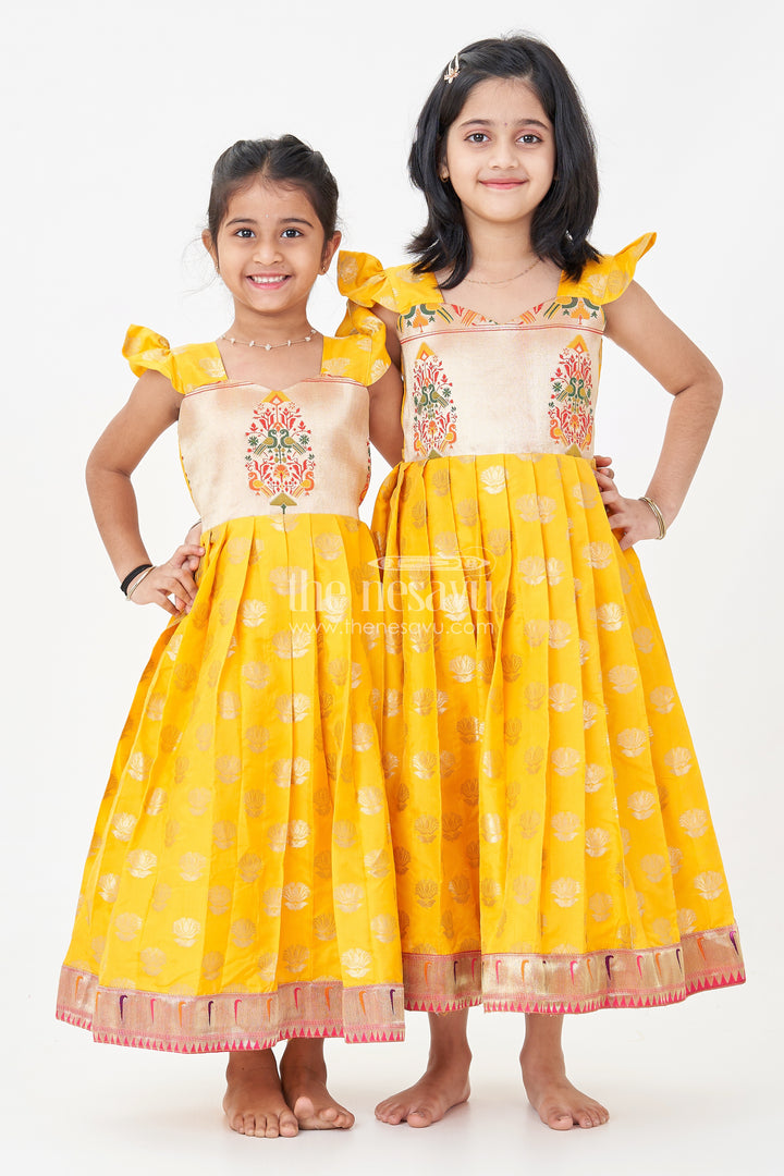 Girls Banarasi Anarkali Gown in Yellow Semi Banaras Silk with Paithani Yoke and Gold Motifs