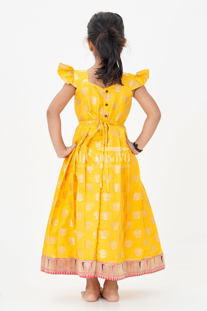 Girls Banarasi Anarkali Gown in Yellow Semi Banaras Silk with Paithani Yoke and Gold Motifs