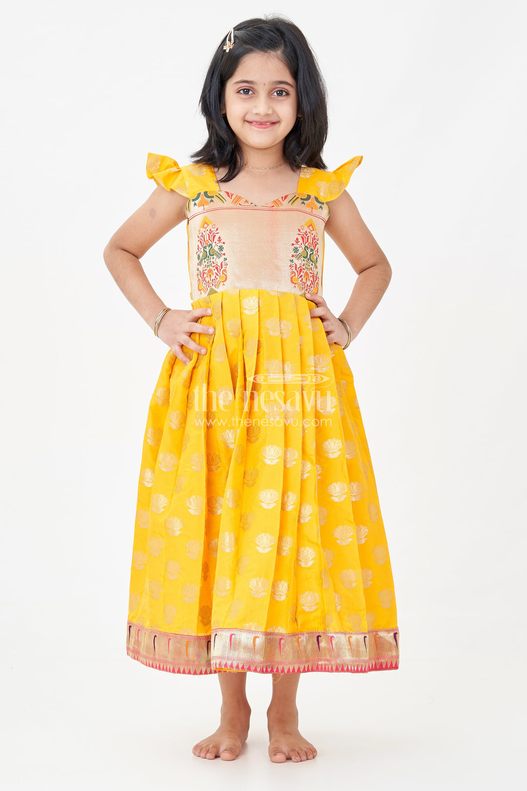 Girls Banarasi Anarkali Gown in Yellow Semi Banaras Silk with Paithani Yoke and Gold Motifs