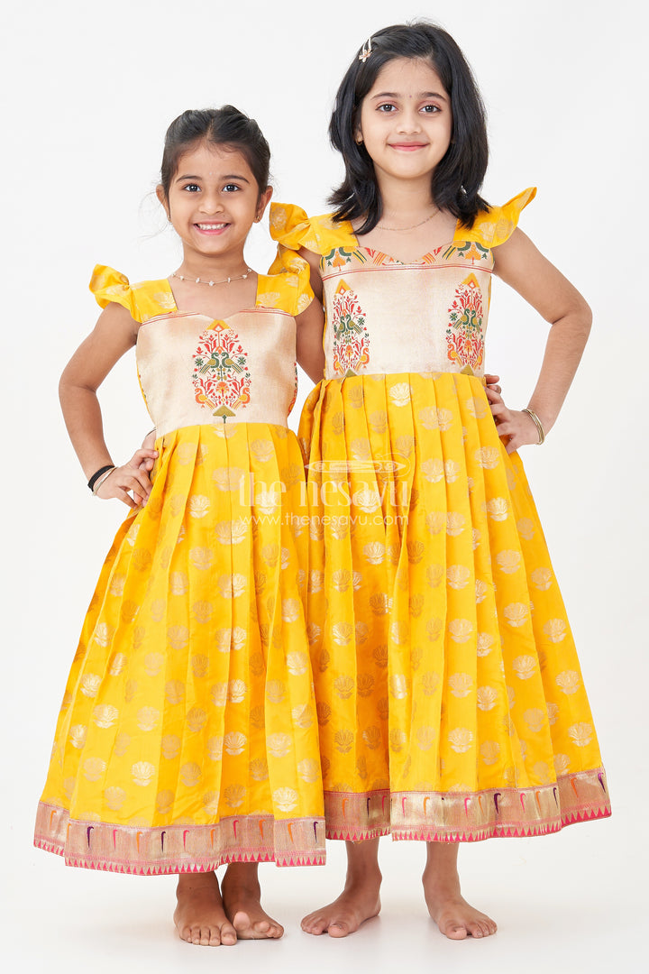 Girls Banarasi Anarkali Gown in Yellow Semi Banaras Silk with Paithani Yoke and Gold Motifs